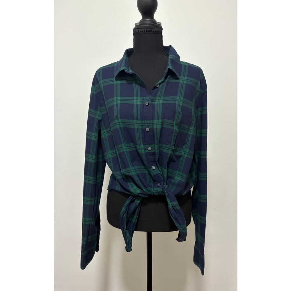 J.Crew Mercantile XL Plaid Button Down Shirt Navy Green 100% Cotton Long Sleeve